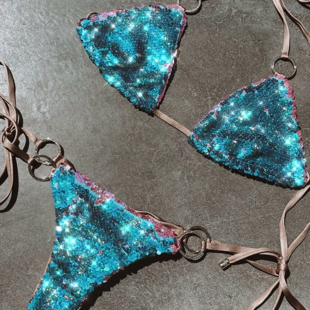 Beach Bunny Turquoise and Pink Sequin Triangle Bikini - Picture 4 of 12